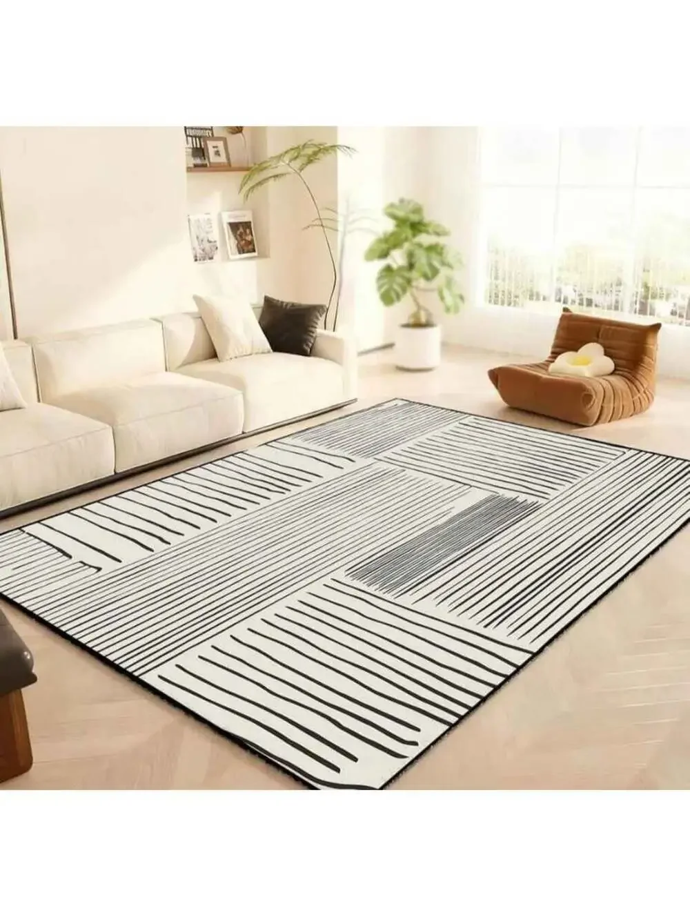 Area Rug 6x9 Ft Abstract Lines NonSlip Comfort Floor Washable Modern grey ivory